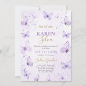 Paarse Vlinders Quinceañera Uitnodiging (Voorkant)