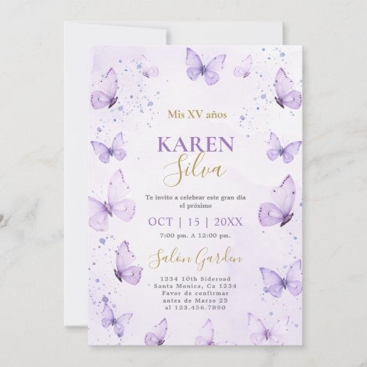 Paarse Vlinders Quinceañera Uitnodiging (Voorkant)