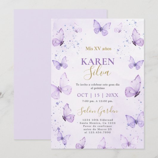 Paarse Vlinders Quinceañera Uitnodiging (Voorkant / Achterkant)