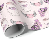 Paarse vlinders, roze gevleugelde harten en bloeme cadeaupapier (Rol Hoek)