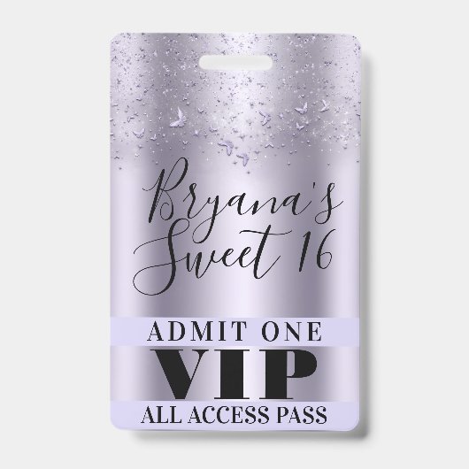Paarse Vlinders Sweet 16 Feest VIP Pas Badge (Voorzijde)