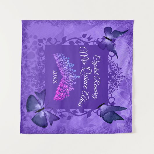 Paarse vlinders, Tiara Quinceanera Achtergrond Wandkleed (Voorkant (horizontaal))