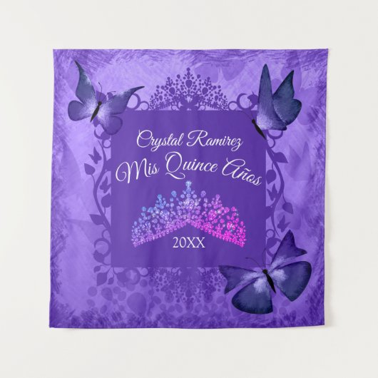 Paarse vlinders, Tiara Quinceanera Achtergrond Wandkleed (Voorkant)