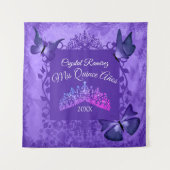 Paarse vlinders, Tiara Quinceanera Achtergrondpane Wandkleed (Voorkant)