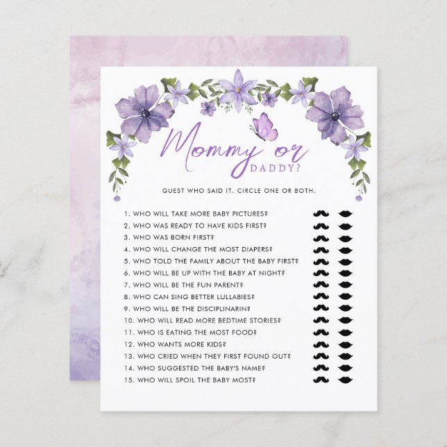 Paarse vlinders Waterverf mama of papa spel (Voorkant / Achterkant)