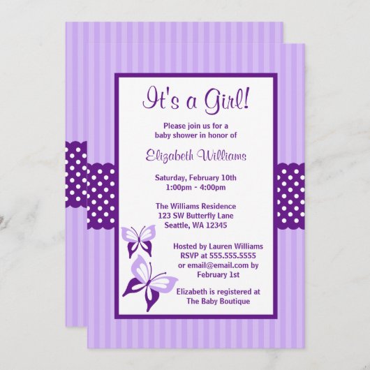 Paarse vlinderstaven en Stippen Baby shower Kaart (Voorkant / Achterkant)