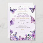 Paarse vlinderverjaardagsfeest nodigen Flutter uit Kaart (Voorkant / Achterkant)