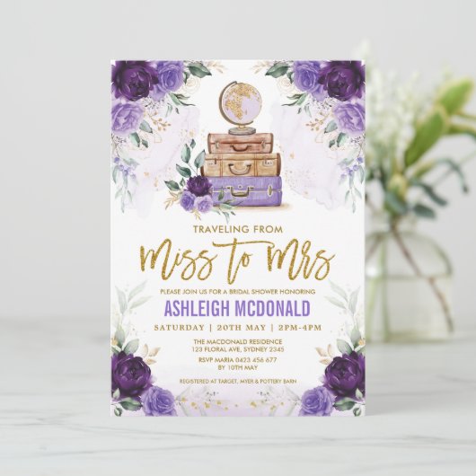 Paarse vlucht Vrijgezellenfeest Miss to Mrs. Kaart (Staand voorkant)