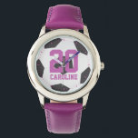 Paarse Voetbal Meisjes Horloge<br><div class="desc">Sporten in het ontwerp.</div>