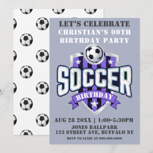 Paarse voetbalwedstrijd - thema Birthday - uitnodi (Voorkant / Achterkant)