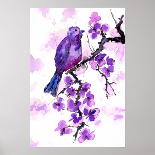 Paarse Vogel en Bloesems Poster (Voorkant)