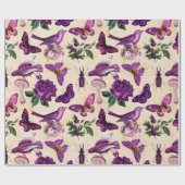 Paarse vogels Butterflies en paddenstoelen Cadeaupapier (Vlak)