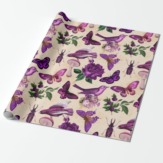Paarse vogels Butterflies en paddenstoelen Cadeaupapier (Uitgerold)