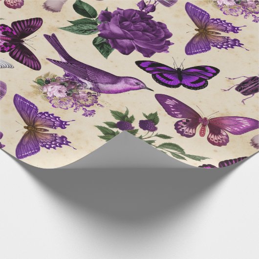 Paarse vogels Butterflies en paddenstoelen Cadeaupapier (Hoek)
