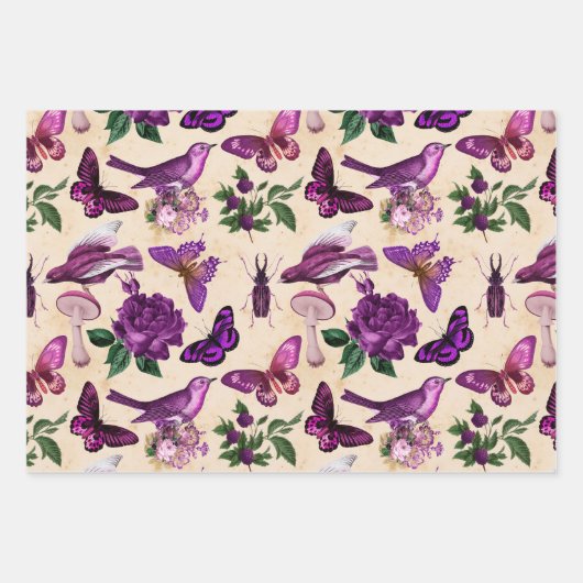 Paarse vogels Butterflies en paddenstoelen Inpakpapier Vel (Voorkant 3)