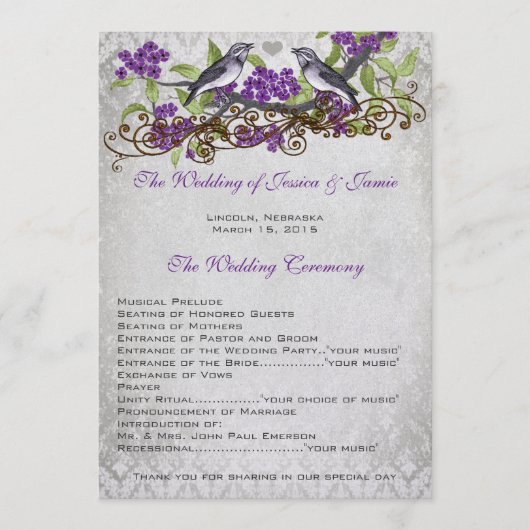 Paarse Vogels Damask Trouwprogramma's Programmakaart (Voorkant)