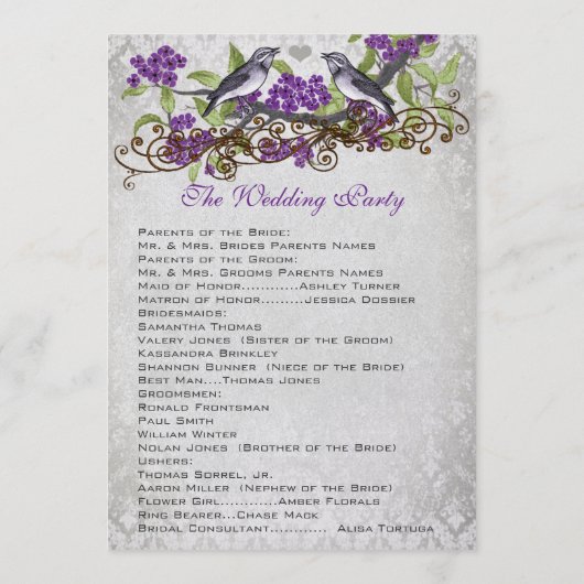 Paarse  Vogels Damask Trouwprogramma's Programmakaart (Achterkant)
