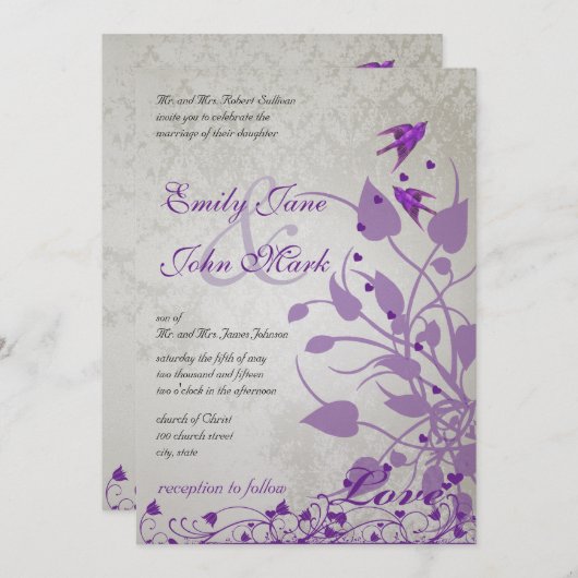  Paarse vogels Hearts Wedding Invites Kaart (Voorkant / Achterkant)