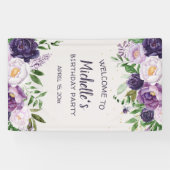 Paarse volken Floral Birthday Welkom Spandoek (Horizontaal)