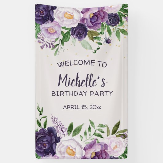Paarse volken Floral Birthday Welkom Spandoek (Verticaal)