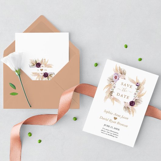 Paarse volken Witte Orchidee Pampas Grass Wedding Save The Date