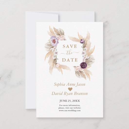 Paarse volken Witte Orchidee Pampas Grass Wedding Save The Date (Voorkant)
