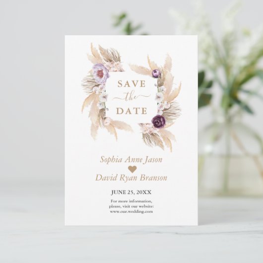 Paarse volken Witte Orchidee Pampas Grass Wedding Save The Date (Staand voorkant)