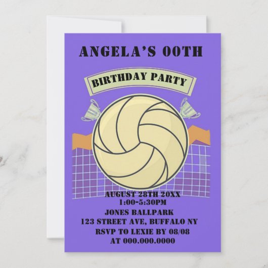 Paarse Volleyball Birthday Party nodigt uit (Voorkant)