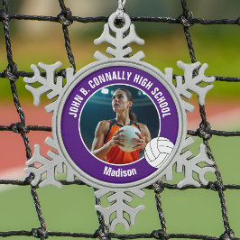 Paarse Volleybalspeler Foto Hoge School Tin Sneeuwvlok Ornament