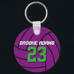 Paarse volleybalsportteam Athletes Sleutelhanger<br><div class="desc">Een coole en kleurrijke sleutelhanger voor sportthema's als cadeau voor familie en vrienden. Volleyball sleutelhanger met gepersonaliseerde naam en spelernummer. Een geweldig souvenir voor volleybalcoach,  kapitein en spelers. U kunt de kogelkleur aan de kleur aanpassen u wilt.</div>