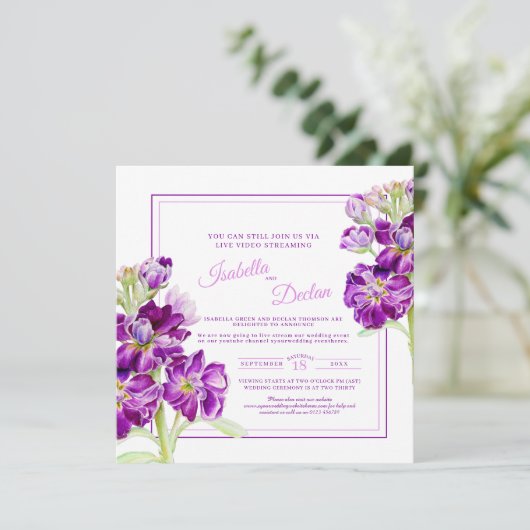 Paarse voorraad bloem waterverf live stream bruilo kaart (Staand voorkant)
