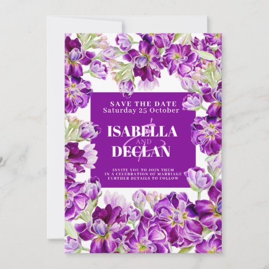 Paarse voorraad bloemen bruiloft save the date fot (Voorkant)