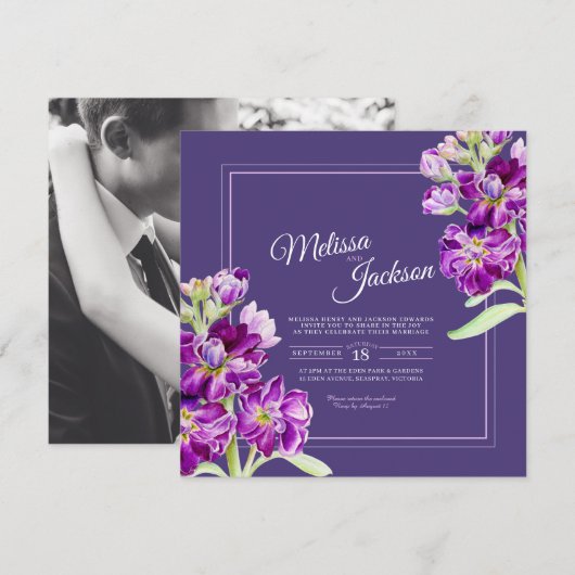 Paarse voorraad bloemen waterverf en foto bruiloft kaart (Voorkant / Achterkant)