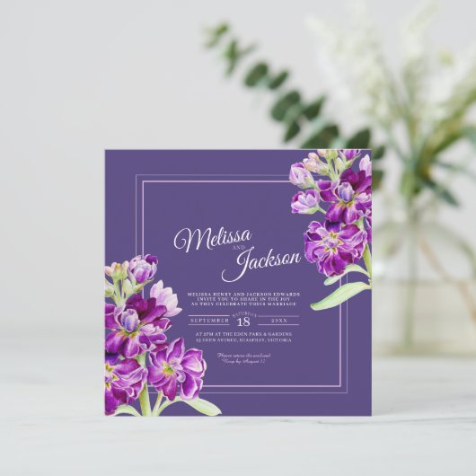 Paarse voorraad bloemen waterverf en foto bruiloft kaart (Staand voorkant)
