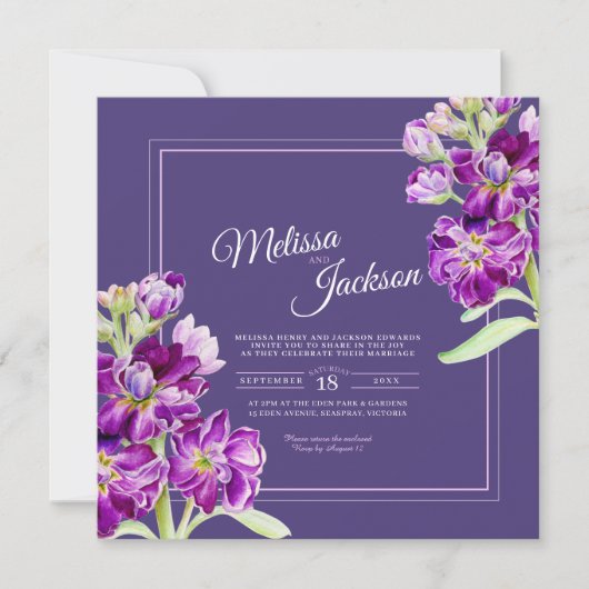 Paarse voorraad bloemen waterverf en foto bruiloft kaart (Voorkant)