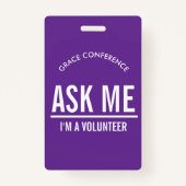 Paarse Vraag me Ik ben een vrijwilliger ID badge (Voorkant)