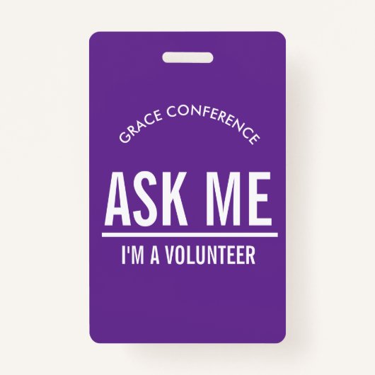 Paarse Vraag me Ik ben een vrijwilliger ID badge (Voorkant)