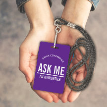 Paarse Vraag me Ik ben een vrijwilliger ID badge