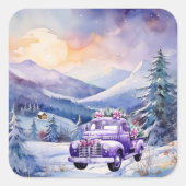Paarse  Vrachtwagen en Bergen Kerstmis Vierkante Sticker (Voorkant)