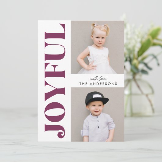 Paarse vreugdevolle moderne kerst 4 foto feestdagenkaart (Staand voorkant)