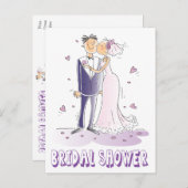 Paarse Vrijgezellenfeest Cartoon bruid & bruidegom Uitnodiging Briefkaart (Voorkant / Achterkant)