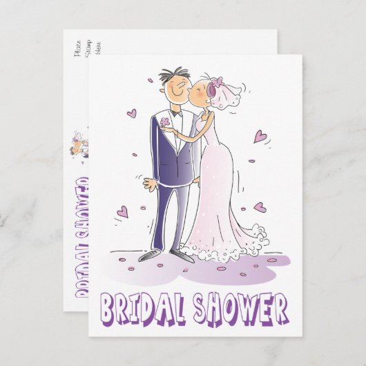 Paarse Vrijgezellenfeest Cartoon bruid & bruidegom Uitnodiging Briefkaart (Voorkant / Achterkant)