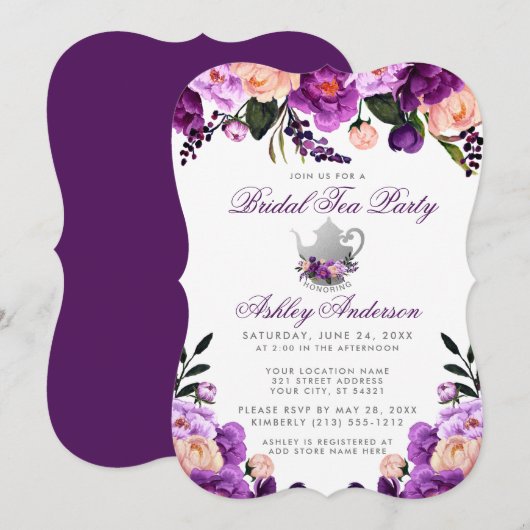 Paarse Vrijgezellenfeest Tea Party nodigt BP uit Kaart (Voorkant / Achterkant)