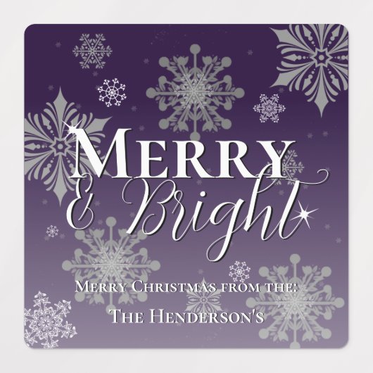 Paarse vrolijke en felle sneeuwvlok kerstbakken labels (Design 1)