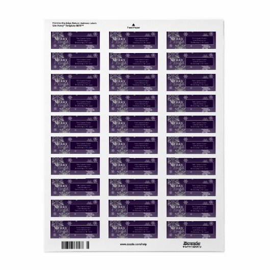 Paarse vrolijke en felle sneeuwvlokken kerst etiket (Full Sheet)