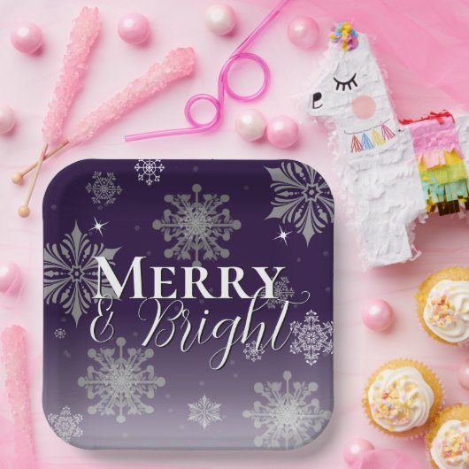 Paarse vrolijke en felle sneeuwvlokken kerst papieren bordje (Feest)