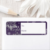 Paarse vrolijke en felle sneeuwvlokken van en naar etiket (Insitu)