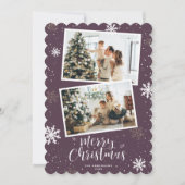 Paarse vrolijke kerst 2 foto feestdagenkaart (Voorkant)