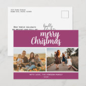 Paarse vrolijke kerst familie 2 foto feestdagenkaart (Voorkant / Achterkant)