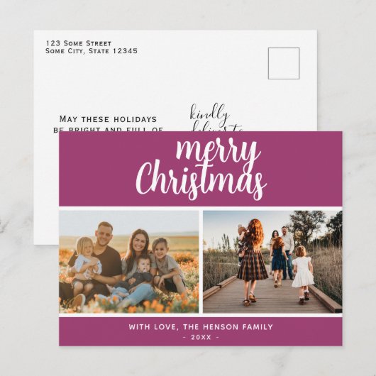 Paarse vrolijke kerst familie 2 foto feestdagenkaart (Voorkant / Achterkant)